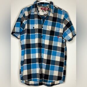 Vans Men's Blue Black White Plaid Short-Sleeve Button-Down Shirt